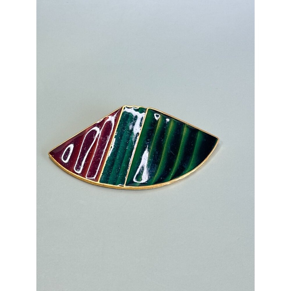 Vintage Trifari Gold-Tone Enamel Abstract Fan Brooch Pin 3 1/2"